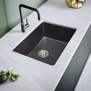 carysil quartz kitchen sink big bowl 24x18 granite metallic nera side view 2